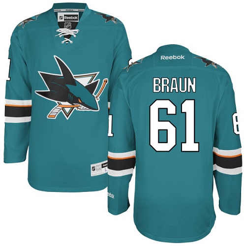 Mens Reebok San Jose Sharks 61 Justin Braun Premier Teal Green Home NHL Jersey